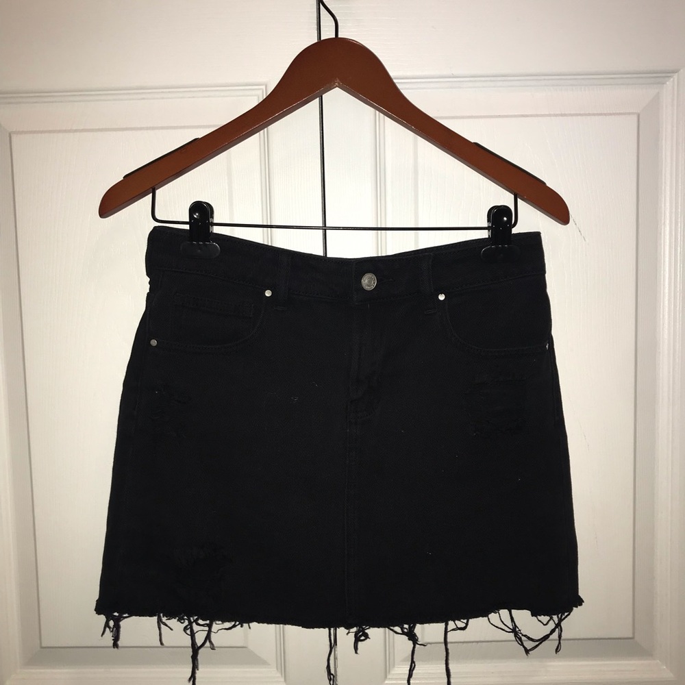 Black denim distressed skirt